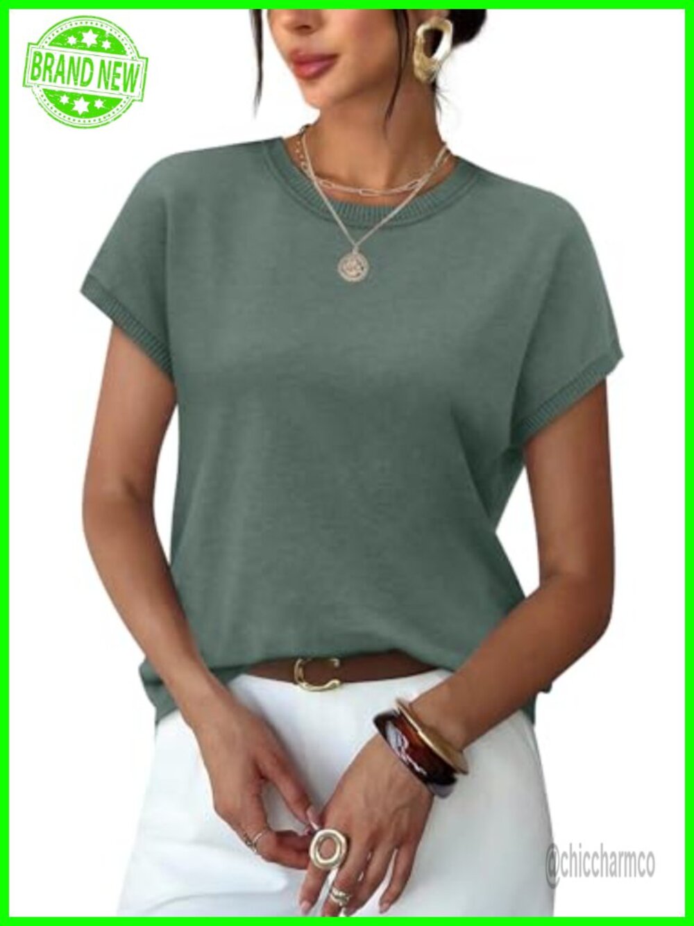 WIHOLL Women's Short Sleeve Knit Top Crew Neck Cap Sleeve Relaxed Fit Casual